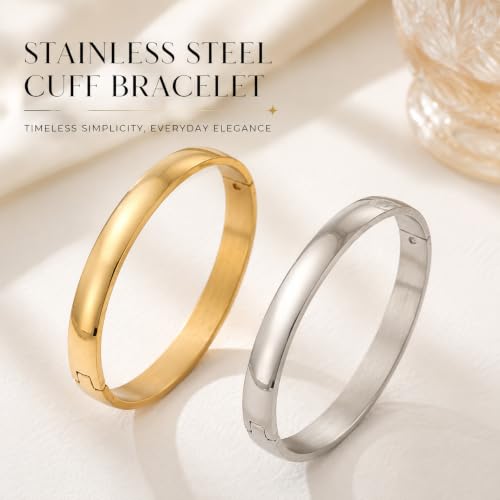 Stainless Steel Cuff Bracelet for Women, Polished Oval Open Bangle Bracelet, Minimalist Jewelry - color: Gold-8mm