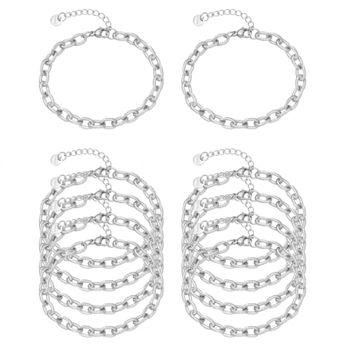 10 PCS Bracelets for Women Stainless Steel Chain Link Bracelet Set | 6.7 Inches with Extender, Jewelry Gifts for DIY, Chains Bulk, Oval, Curb, Figaro Chains, 18K Gold Plated, Silver, Chunky - color: Oval Silver