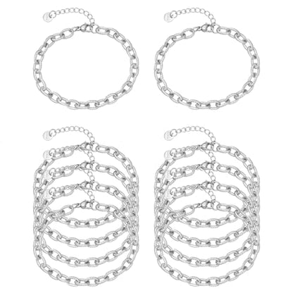 10 PCS Bracelets for Women Stainless Steel Chain Link Bracelet Set | 6.7 Inches with Extender, Jewelry Gifts for DIY, Chains Bulk, Oval, Curb, Figaro Chains, 18K Gold Plated, Silver, Chunky - color: Oval Silver