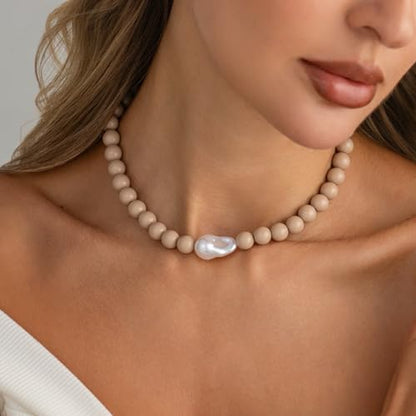 Colorful Faux Baroque Pearl Resin Beaded Choker Necklace Summer Tropical Jewelry for Women - color: Khaki