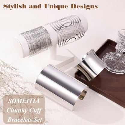 4PCS Chunky Cuff Bracelets Set for Women Hammered Chunky Bracelets Adjustable Open Wide Wire Bracelets Irregular Minimalist Coil Bangle Set Gold Silver Upper Arm Punk Jewelry - color: Silver A