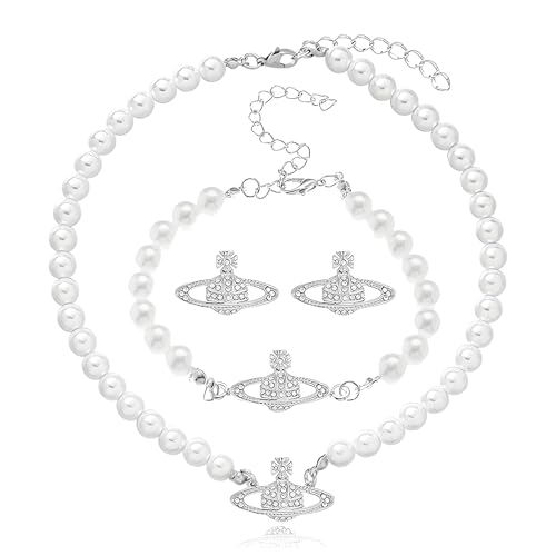 Dreuyet Saturn Pearl Necklace and Earrings Set Crystal Planet Earrings Dainty Artificial Pearl Choker Necklace Charm Gifts for Mum Wife Wedding Birthday Anniversary - color: Saturn Earrings Necklace Bracelet Silver