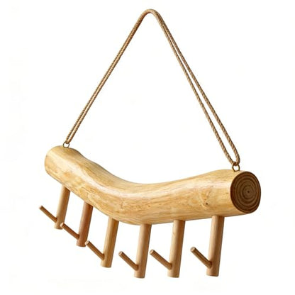 15.7-Inch Rustic Wood Wall Hanging Jewelry Organizer - Handmade Natural Wood Logs Branch Decor with 6 Hooks for Necklace, Earring, Bracelet Storage - Farmhouse, Cabin, Bathroom Home Décor