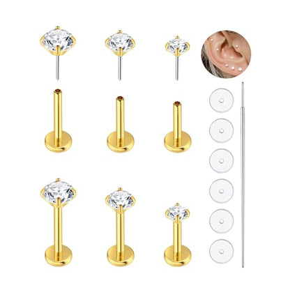 20G Flat Back Earrings Studs 18G Nose Rings 24K Gold Plating 3 Pairs Titanium Threadless 16G Cartilage Earrings for Women Men Tragus Conch Helix Medusa Lip Piercing Jewelry - color: gold clear cz, size: 18G