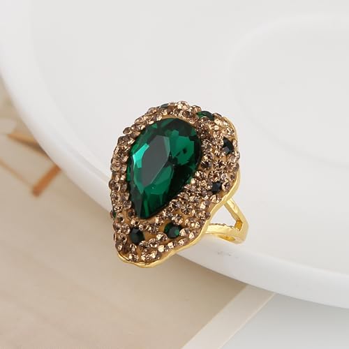 HZMAN Natural Stone Statement Ring for Women, Crystal Paved Bold Cocktail Ring, Adjustable Gold Tone Fashion Jewelry - color: Teardrop Emerald Cut Green