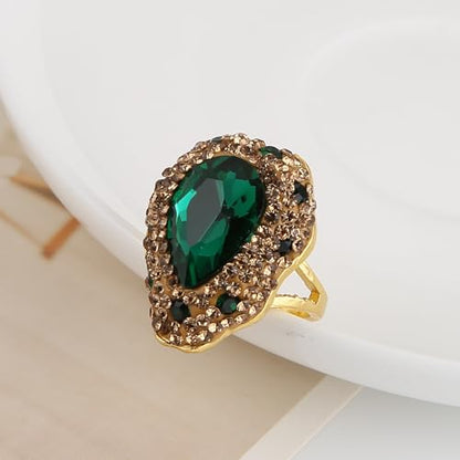 HZMAN Natural Stone Statement Ring for Women, Crystal Paved Bold Cocktail Ring, Adjustable Gold Tone Fashion Jewelry - color: Teardrop Emerald Cut Green