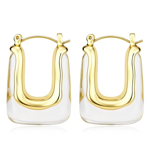 Chunky Gold Boho Hoop Dangle Earrings for Women Gold Plated Hypoallergenic Vintage Stainless Steel Resin Drop Prom Earrings Summer Prom Maximalist Jewelry Gift - color: Rectangle/Clear White