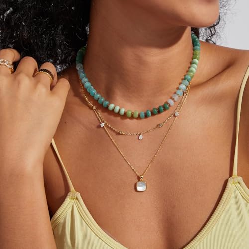 KissYan Beaded Gemstone Necklaces for Women | Colorful Bead Natural Stone Choker with 14K Gold Plated Spring Ring Clasp, Handmade Knot Jewelry for Summer Beach - color: F-Green
