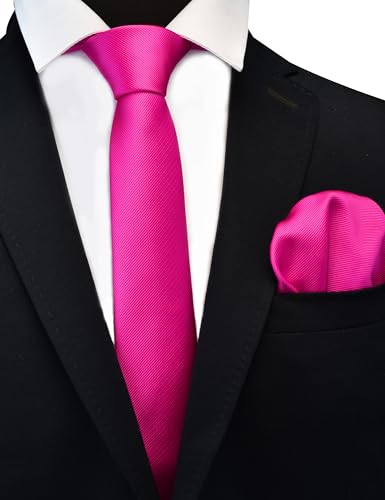 GUSLESON 2.4" Slim Necktie and Handkerchief Set For Men Solid Skinny Tie Set - color: Hot Pink