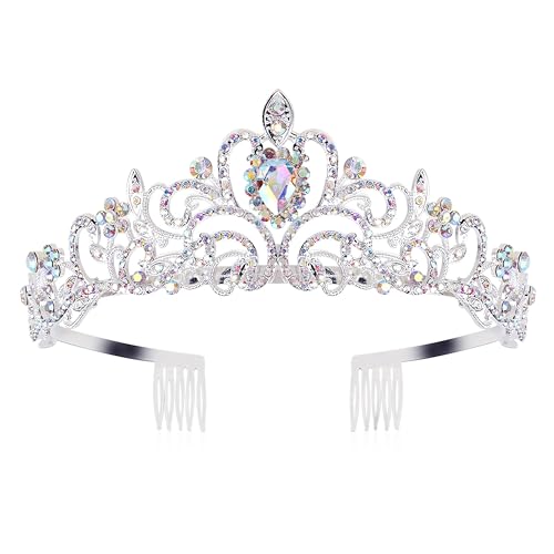 COCIDE Silver Tiara Crowns Aurora Borealis Crystal Headband Princess Colorful Rhinestone Crown with Combs Bride Headbands Bridal Wedding Prom Birthday Party Hair Accessories Jewelry for Women Girls - color: TB Silver+Aurora Borealis