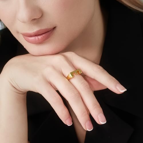 Cicy Bell Initial Rings for Women 18k Gold Plated Adjustable Rings | Open Signet Rings, Bold Letter, Personalized Engraved, For Party - color: Initial-E