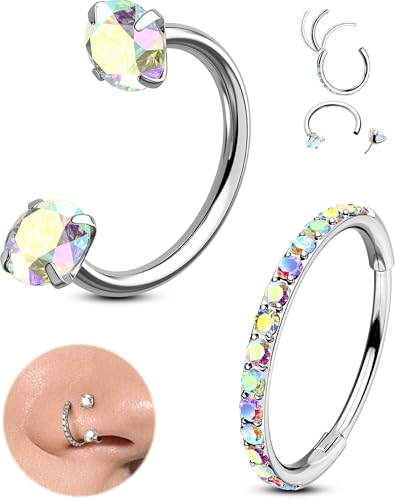 OUFER 2PCS Nose Rings Hoops, 20g Double Gem Horseshoe Threadless Nose Rings for Women, Septum Clicker Daith Tragus Helix Rook Eyebrow Lip Piercing Jewelry - color: Silver AB CZ