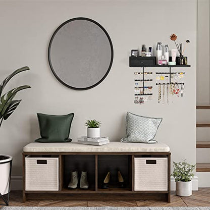 VINAEMO Jewelry Organizer Hanging Wall Mounted Jewelry Holder with Rustic Wood Drawer & Large Capacity Storage Shelf Rack Display for Earrings Rings Necklaces Bracelet(Black) - color: Black