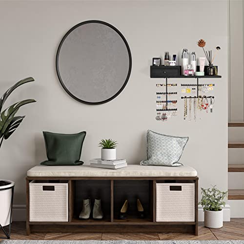 VINAEMO Jewelry Organizer Hanging Wall Mounted Jewelry Holder with Rustic Wood Drawer & Large Capacity Storage Shelf Rack Display for Earrings Rings Necklaces Bracelet(Black) - color: Black