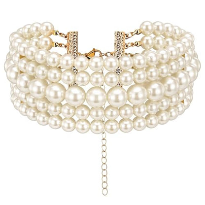 Yolev 5 Layers Boho Round Imitation Pearl Choker Necklace Vintage Multi Strands Pearl Collar Pearl Choker Necklaces for Women Bridal Wedding 20s Flapper Themed Party