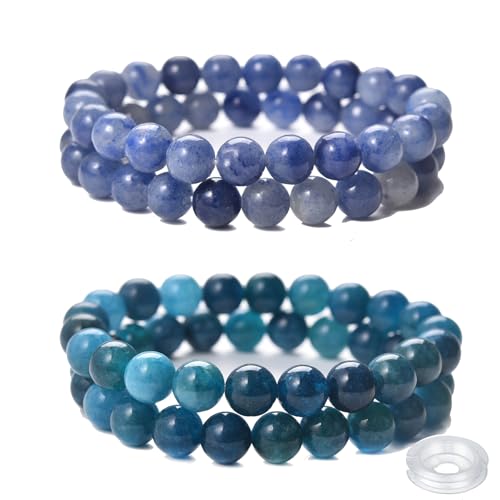 Crystal Beaded Bracelets Set, 4 Piece Gemstone Stretch Bracelets, Rose Quartz, Agate,Jasper, Tiger Eye and Multicolor Glass Beads with String - style: Type 11(Blue Aventurine+Apatite)