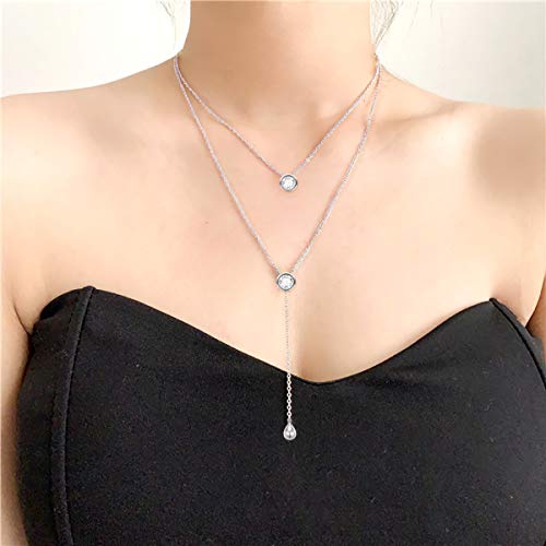 FLYOW Layered Necklace S925 Sterling Silver Y Shaped Jewelry - style: Two Round CZ Style