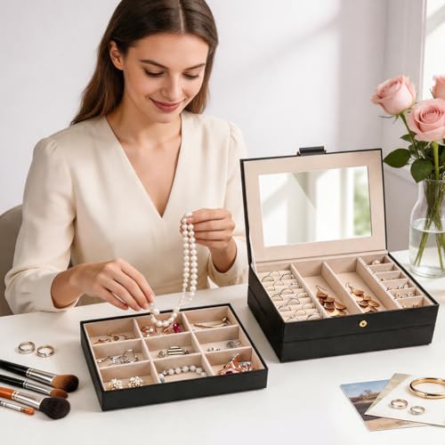 Stackable Jewelry Organizer Trays, 3-Layer jewelry drawer organizer, Perfect for Women and Girls to Store Necklaces, Rings, Bracelets, Earrings, Watches with Removable Dividers for Dresser & Vanity