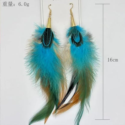 Boho Colorful Feather Dangle Earrings Handmade Beads Taseel Fashion Earrings for Women - color: Peacock Blue