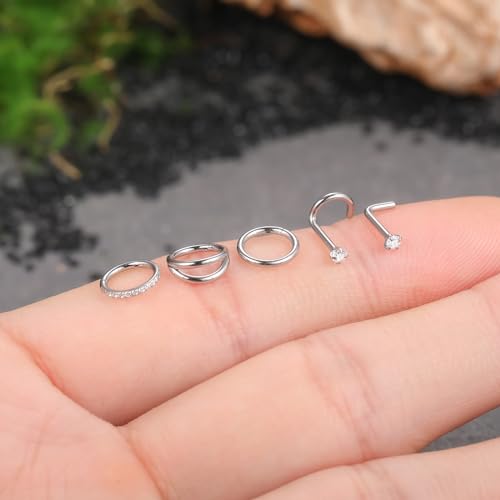 Xpircn 5pcs Hoop Nose Rings and L Shaped Nose Rings Stud Set 18G/20G Stainless Steel CZ Helix Conch Daith Tragus Cartilage Hoop Earrings for Women 6mm 7mm 8mm 10mm - color: Silver, size: 18G, 6mm hoop & 7mm studs