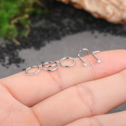 Xpircn 5pcs Hoop Nose Rings and L Shaped Nose Rings Stud Set 18G/20G Stainless Steel CZ Helix Conch Daith Tragus Cartilage Hoop Earrings for Women 6mm 7mm 8mm 10mm - color: Silver, size: 18G, 6mm hoop & 7mm studs