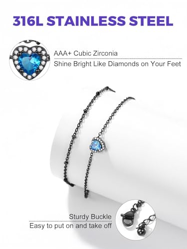 Richsteel Double Layer Heart/Butterfly Birthstone Anklet for Women | Non Tarnish Waterproof, Silver/Gold/Black Stainless Steel 8.5-10.5 Inch Adjustable Chain Anklets Summer Beach Foot Jewelry - color: Black Heart-12 Dec.(Blue Topaz)