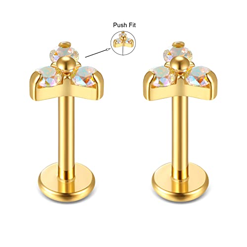 BelezaDosas G23 Titanium Labret Studs 16G Threadless Push-in Press Fit Lip Cluster Tragus Helix Lobe Conch Rook Medusa Cartilage Monroe Earring Push Back Piercing Jewelry - color: 16g8mm tri gd AB