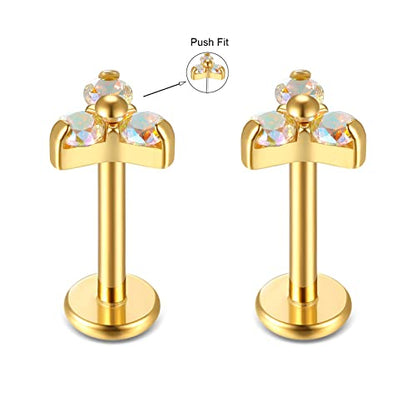 BelezaDosas G23 Titanium Labret Studs 16G Threadless Push-in Press Fit Lip Cluster Tragus Helix Lobe Conch Rook Medusa Cartilage Monroe Earring Push Back Piercing Jewelry - color: 16g8mm tri gd AB