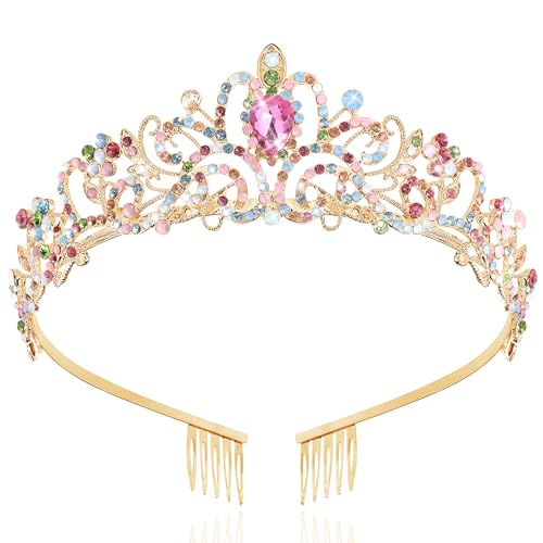 TAROSE Tiaras for Women, Birthday Crown and Sash for Girls | Birthday Sash Sunglasses Outfit, Birthday Gift for Women Girls, Goddess Crown Bride/Halloween/Prom/Party/Costume - color: 1 C. Gold+color