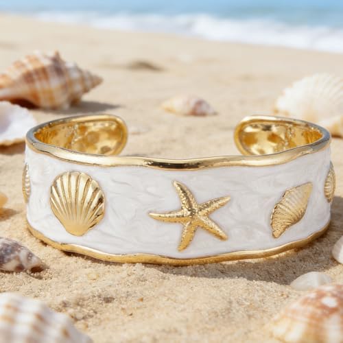 YBMYCM Chunky Shell Cuff Bracelet for Women, Hammered Boho Open Bangle | Adjustable Irregular Wide Bracelets Jewelry Gifts for Women, Perfect for Daily Wear - color: White2