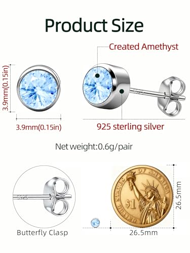Neshat Tiny Birthstone Earrings for Women, 925 Sterling Silver Bezel Crystal Stud Earrings, 4mm Minimalist Sapphire/Amethyst/Aquamarine/Emerald Earrings Studs - style: 03. March-Created Aquamarine