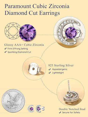 Suplight Sterling Silver Moon and Star Birthstone Crystal for Women with Dainty Silver Necklaces/Stud Earrings 1-12 Month Birthstone Emerald Pendant Sparkling Cubic Zirconia Gem Dainty Jewelry for Birthday Everyday - color: 12.December ( Turquoise)