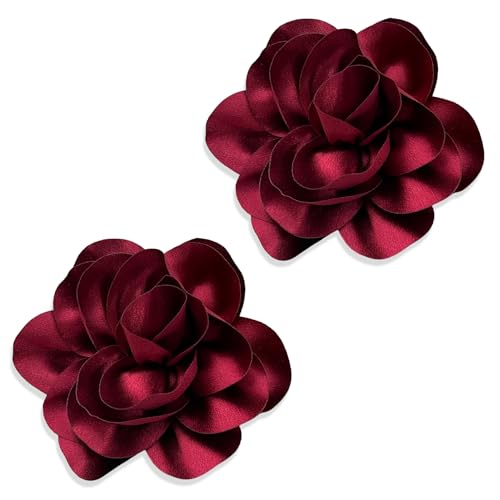 2Pack 6inch Extra Large Satin Brooches Lapel Pins Dainty Elegant Fabric Camellia Rose Flower Brooch Pin for Women Wedding Part Dance Clothes Accessories Jewelry - color: Dark Red