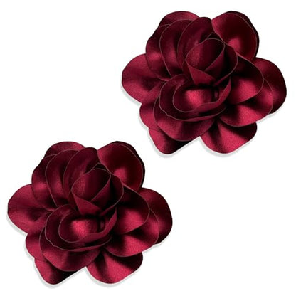 2Pack 6inch Extra Large Satin Brooches Lapel Pins Dainty Elegant Fabric Camellia Rose Flower Brooch Pin for Women Wedding Part Dance Clothes Accessories Jewelry - color: Dark Red
