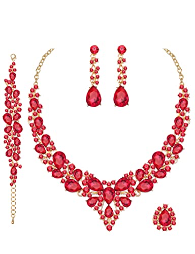 CSY Elegant Crystal Costume Jewelry Sets for Formal Events Gown Accessories | 4-Piece Set Bridal Necklace Earrings Bracelet Ring Set for Brides Eco-friendly Statement Jewelry for Wedding Party Prom - color: Red