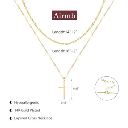 Airmb Cross Necklace for Women Gold/Silver Plated Layered Dainty Cross Chain Trendy Choker Satellite Charm Small Crucifix Pendant Gold/Silver Necklace Stackable Hypoallergenic Delicate Gift for Women - color: Gold-2PS Singapore Chain