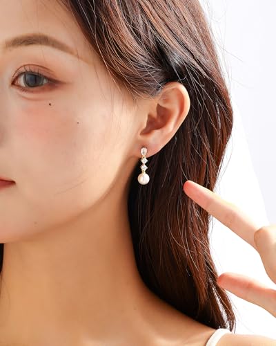 Pearl Earrings for Women, 14k Gold Plated Trendy Diamond Pearl Drop Earrings Bridal Shower Gifts Wedding jewelry for Women - color: Style F Gold