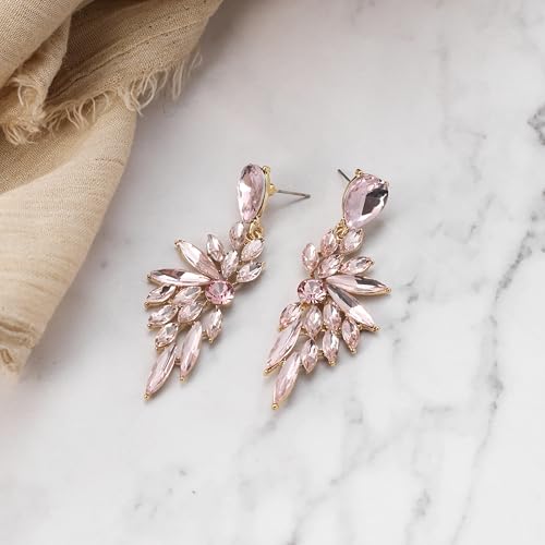 Women's Wedding Bridal Earrings Prom Dangle Earring | Shiny Crystal Teardrop Multi Marquise Cluster for Bride Bridesmaid Bling Jewelry Costume Party Accessories - color: 06-Pink