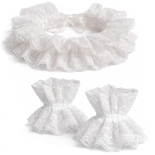 Neck Ruffle Collar and Lace Cuffs Set Victorian Collars Costume Accessories | for Cosplay, Halloween, Masquerade, Party, Clown, Vampire, Princess, Prince Outfits-White - color: Whiteset