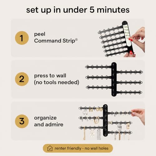 6-Tier Hanging Wall Jewelry Organizer, Earring, Necklace, Ring Holder-Black | Large Capacity with 120 Earring Holes, Rotating Branches, Includes 3M Command Strips, Bracelet, Ring & Necklace Storage - color: 6-Tier Midnight Black