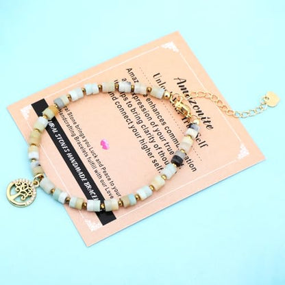 Natural Gemstone Healing Crystal Dainty Charms Bracelet Adjustable Chain Extender Minimalist Jewelry - color: Multicolor Amazonite + Tree of Life