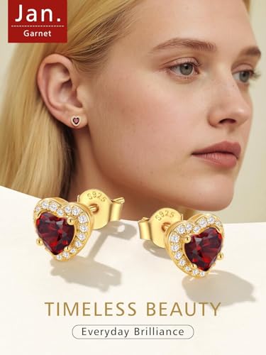 FindChic Birthstone Earrings for Women, Round/Heart/Square/Teardrop Earrings with 925 Sterling Silver Posts & Push Backs, Hypoallergenic Studs with Cubic Zirconia, 12 Months Jewelry with Gift Box - style: 01. January-Garnet (Heart-Gold)
