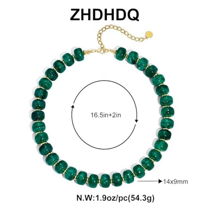 Chunky Beaded Necklace for Women, Colorful Boho Statement Necklace, Gold Chunky Resin Large Bead Necklace, Waterproof Summer Beach Jewelry Gifts for Women - color: Dark Green