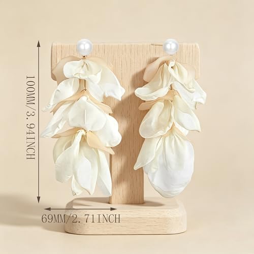 Handmade Bohemian Lightweight Fabric Flower Dangle Drop Earrings Chic Pearl Large Tassel Petal Stud Earrings For Women - color: Milky White