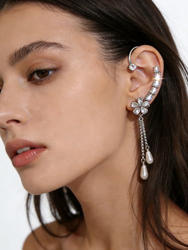 2PCS Flower Tassel Zircon Earrings Ear Cuffs No Piercing Flower Climber Wrap Around Earrings Pearl Drop Earrings for Women Fairy Ear Clip Dainty Wedding Earrings for Brides - color: Style 4 - Silver