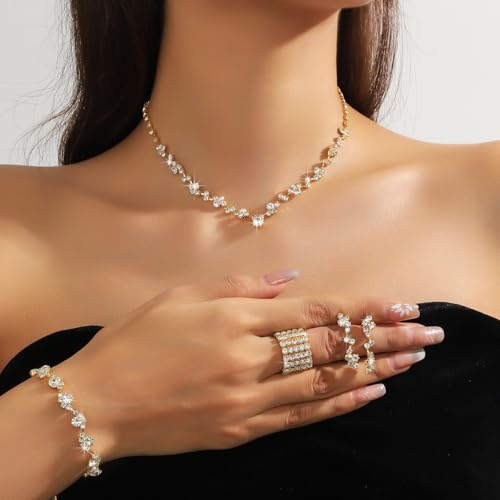 Wedding Jewelry Sets for Brides Rhinestone Necklace and Earring Set Bracelet Ring Gold Silver Prom Jewelry Sets Diamond Flower Teardrop Necklace for Women - color: Style1-Gold-4pcs Wide