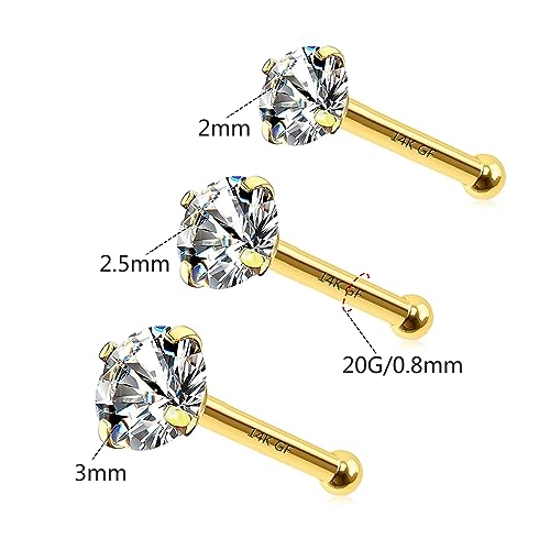 3 Pcs 14K Gold Filled Nose Studs 20G Stainless Steel Stud Nose Ring 2mm/2.5mm/3mm Round CZ L Bend Nose Stud Hypoallergenic Nose Piercing - color: gold I