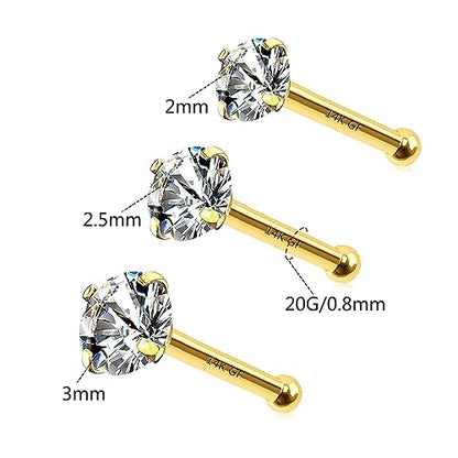 3 Pcs 14K Gold Filled Nose Studs 20G Stainless Steel Stud Nose Ring 2mm/2.5mm/3mm Round CZ L Bend Nose Stud Hypoallergenic Nose Piercing - color: gold I