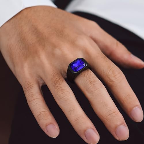 Cubic Zirconia Rings for Men Women Stainless Steel Birthstone Ring Square Cut Statement Jewelry Size 7-14 - color: Black-Blue Topaz, size: 11