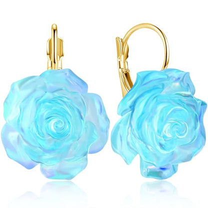 Handmade Bohemian Aesthetic Dainty Acrylic Flower Petal Leverback Earrings Sparkly 14K Gold Floral Dangle Drop Earrings for Women - color: Sky Blue